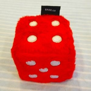 Bark Box super Chewey Red Fuzzy Dice. 2 toys in one! Inside solid rubber toy